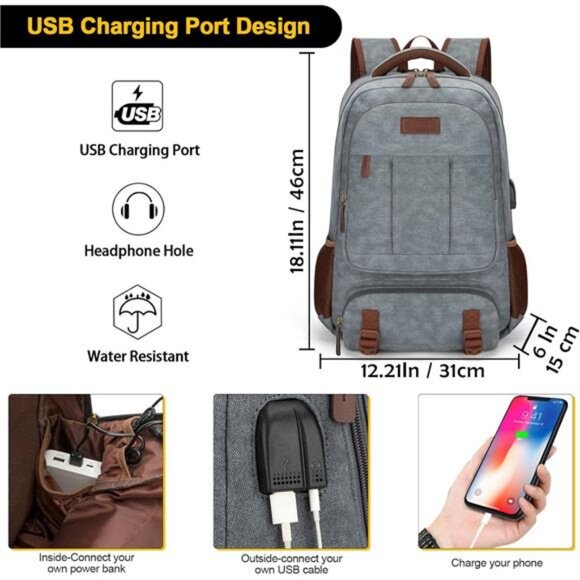 Canvas Laptop Backpack, Bag for Men Women,Travel Work Rucksack Fits 15.6 - Picture 2 of 6